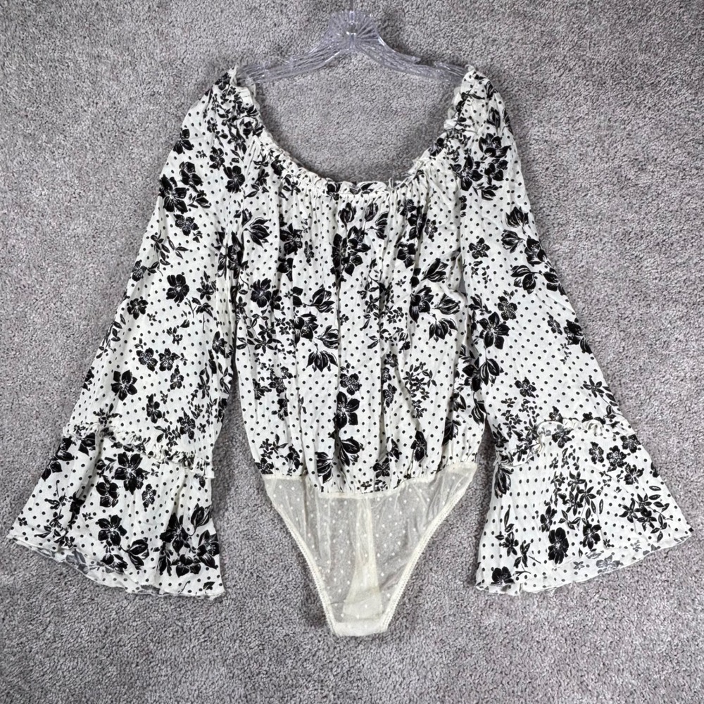 Intimately Free People Off‎ Shoulder Floral Bell Sleeve Bodysuit Ivory Black L